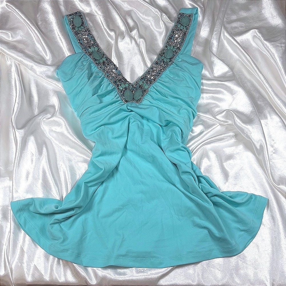 y2k Top Turquoise Excellent Boston Proper Beaded V-Neck Sleeveless Blouse L